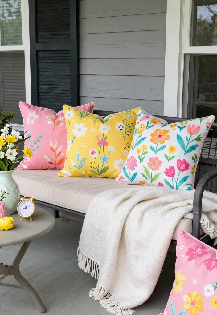 12 Spring Front Porch Ideas That Transition Easily From Winter - 10. Seasonal Throw Pillows and Blankets 1