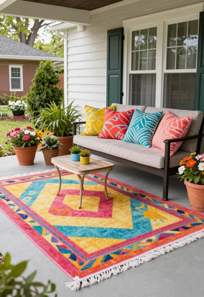 12 Spring Front Porch Ideas That Transition Easily From Winter - 7. Incorporate Outdoor Rugs 1
