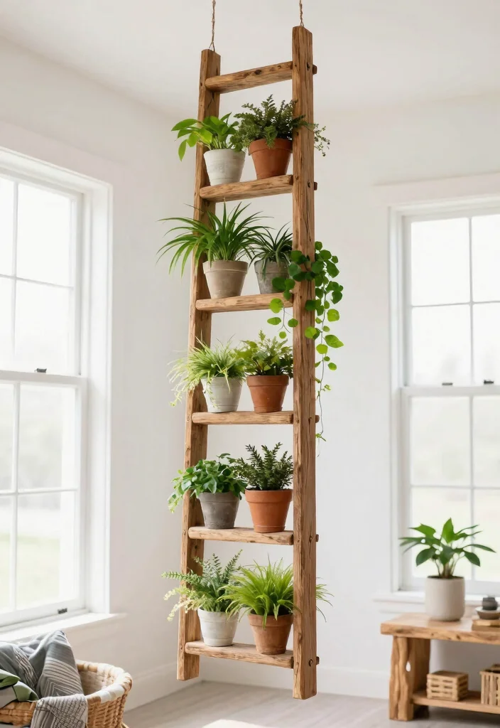 14 Ceiling Hanging Decor Ideas for Renters Who Can't Drill Into Joists - 12. Repurposed Ladder Plant Stand 1