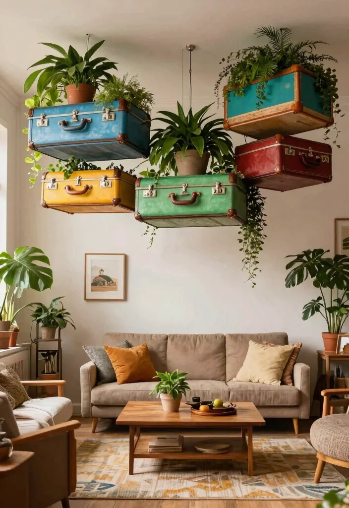 14 Ceiling Hanging Decor Ideas for Renters Who Can't Drill Into Joists - 13. Vintage Suitcase Planters 1