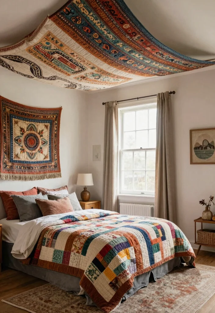 14 Ceiling Hanging Decor Ideas for Renters Who Can't Drill Into Joists - 14. Hanging Quilts or Tapestries 1