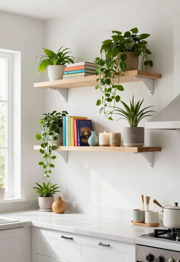 14 Ceiling Hanging Decor Ideas for Renters Who Can't Drill Into Joists - 3. Floating Shelves with Hanging Plants 1