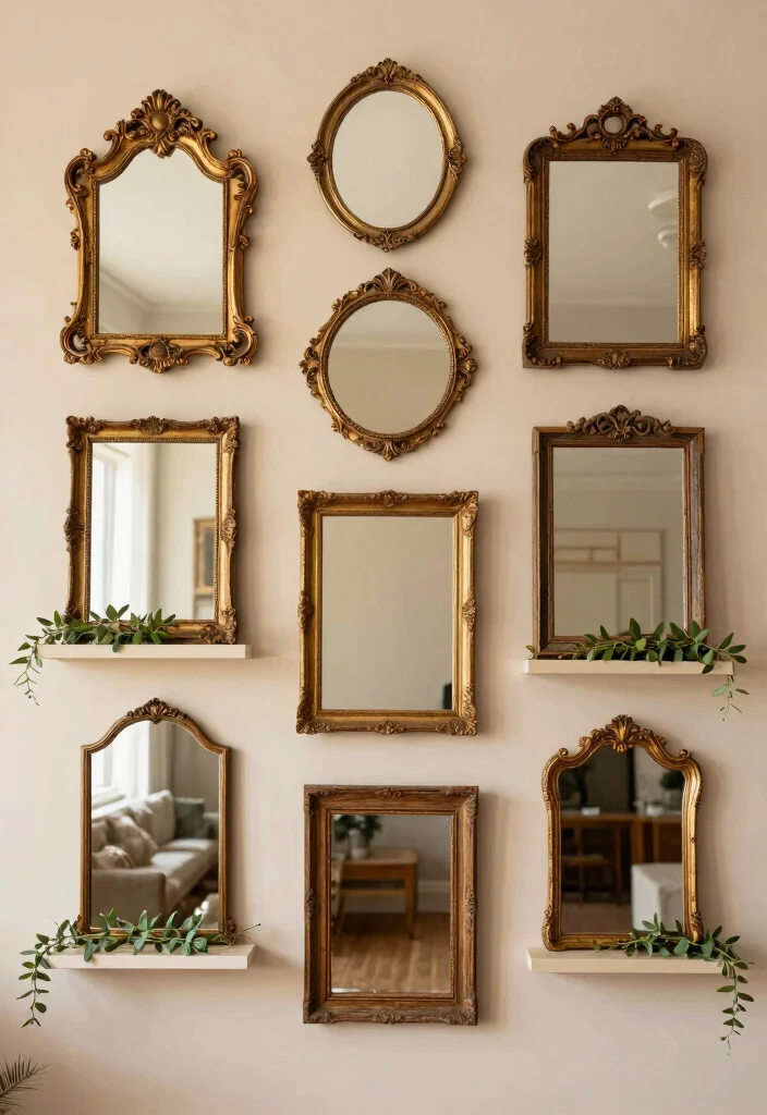 14 Farmhouse Mirror Wall Decor Ideas That Fill Big Empty Walls - 1. Gallery Wall of Vintage Mirrors 1