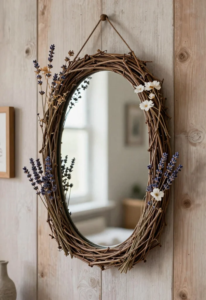 14 Farmhouse Mirror Wall Decor Ideas That Fill Big Empty Walls - 8. Mirrors Framed with Natural Elements 1