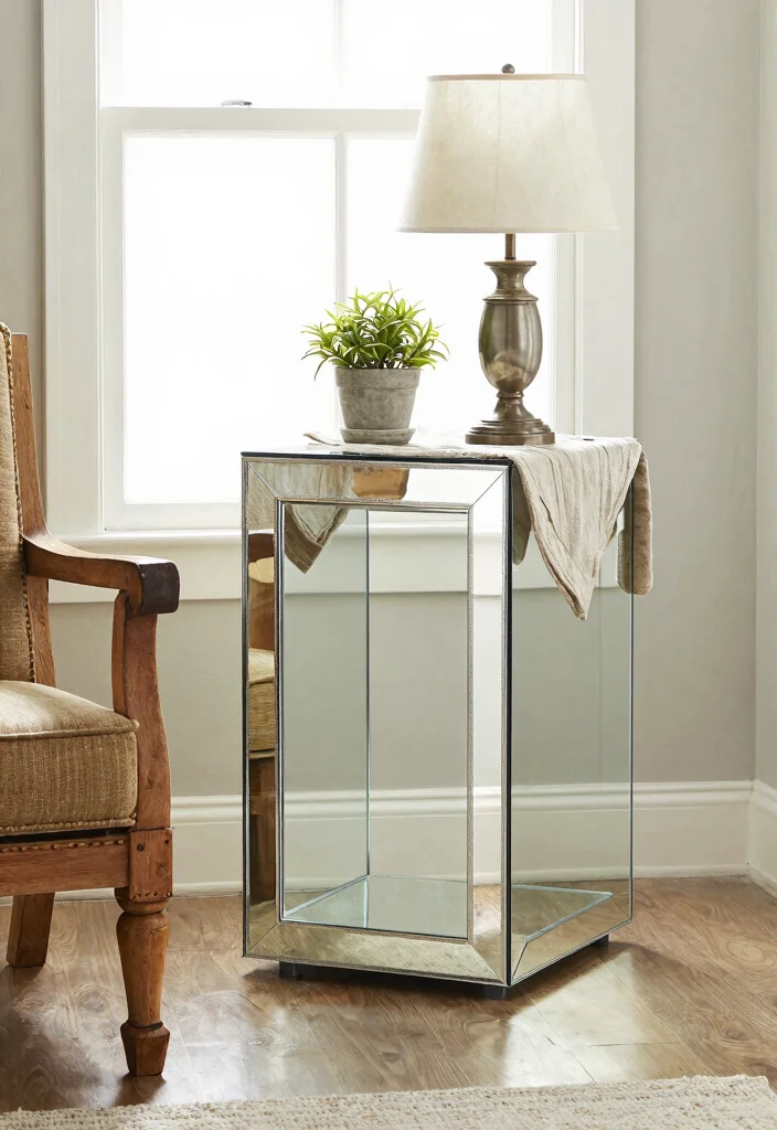 14 Farmhouse Mirror Wall Decor Ideas That Fill Big Empty Walls - 9. Mirrored Accent Furniture 1