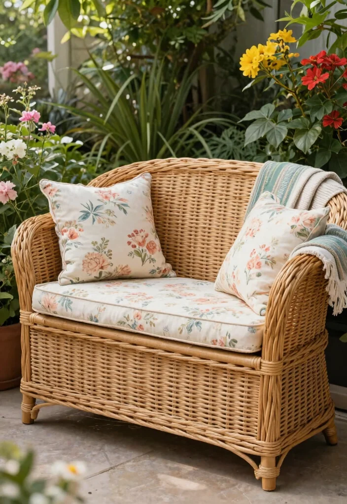 14 Outdoor Storage Bench Ideas That Keep Cushions Dry and Organized - 6. Vintage-Inspired Wicker Storage Bench 1