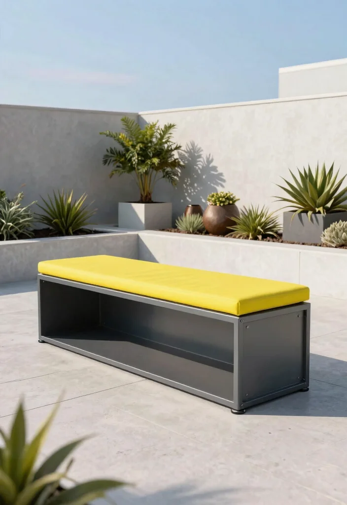 14 Outdoor Storage Bench Ideas That Keep Cushions Dry and Organized - 7. Sleek Metal Storage Bench for a Contemporary Look 1