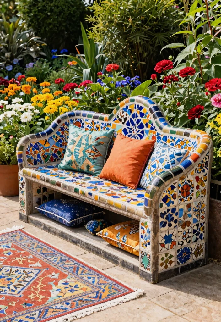 14 Outdoor Storage Bench Ideas That Keep Cushions Dry and Organized - 8. Artistic Mosaic Storage Bench 1