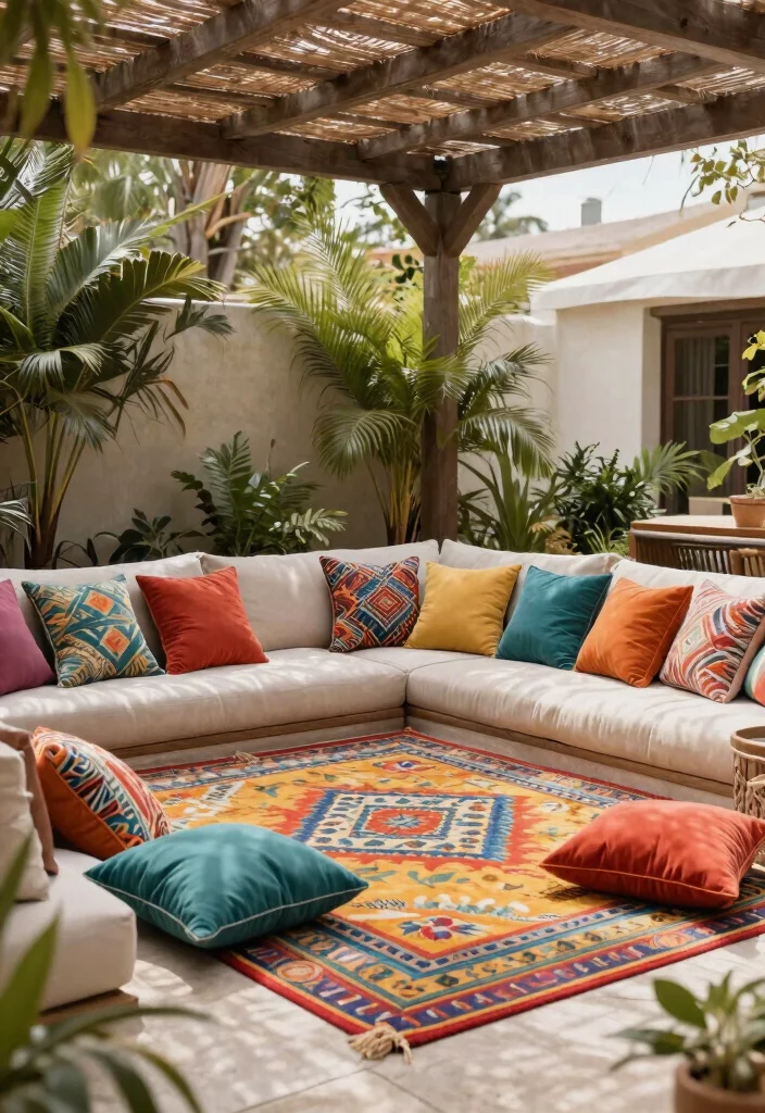 14 Pergola Decor Ideas That Add Shade Without Full Walls - 14. Outdoor Rugs and Pillows 1