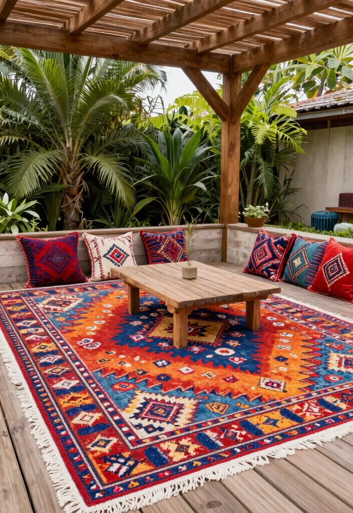 14 Pergola Decor Ideas That Add Shade Without Full Walls - 9. Statement Rugs 1