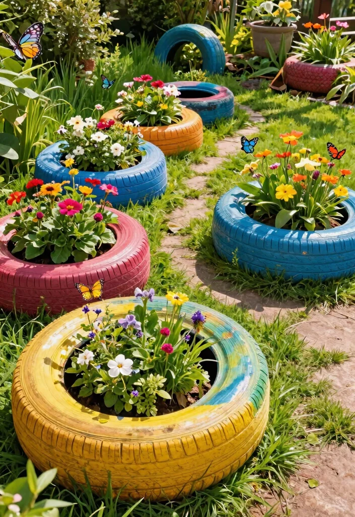 14 Planter Box Ideas on a Budget That Look High-End - 4. Recycled Tire Planters 1