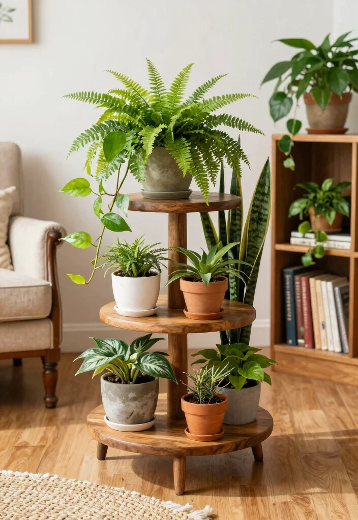 14 Vintage Plant Stand Ideas That Display More in Tight Corners - 1. Tiered Wood Plant Stand 1