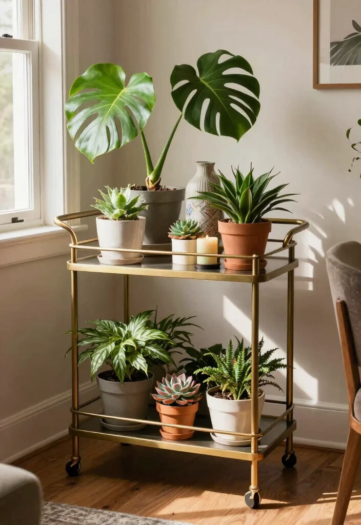 14 Vintage Plant Stand Ideas That Display More in Tight Corners - 10. Vintage Bar Cart for Plants 1