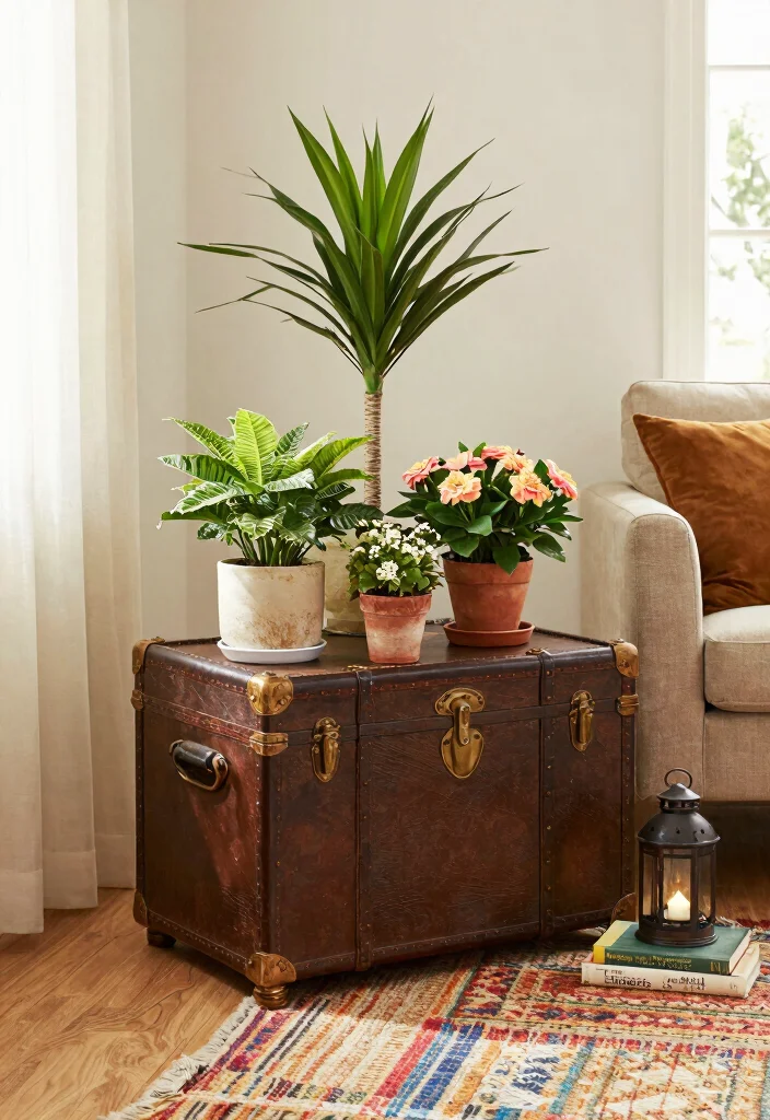 14 Vintage Plant Stand Ideas That Display More in Tight Corners - 12. Antique Trunk Plant Stand 1