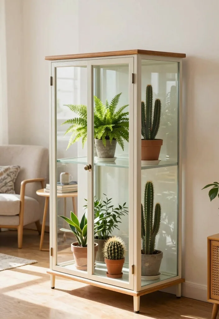 14 Vintage Plant Stand Ideas That Display More in Tight Corners - 14. Vintage Display Case Plant Stand 1