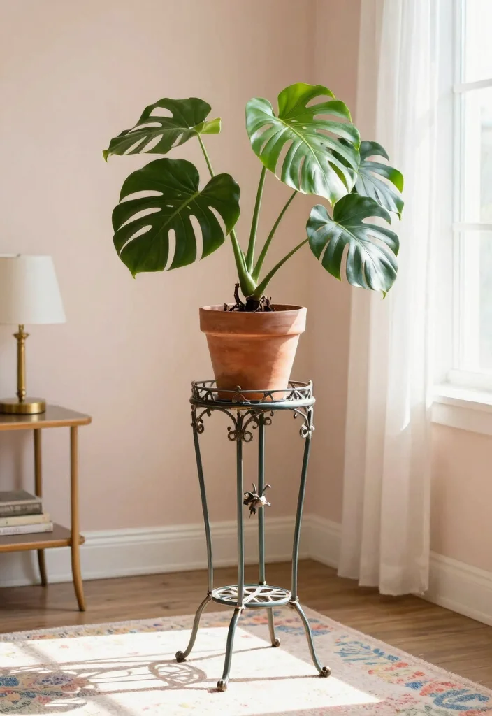14 Vintage Plant Stand Ideas That Display More in Tight Corners - 2. Vintage Metal Plant Stand with Intricate Designs 1