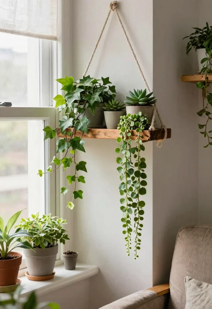 14 Vintage Plant Stand Ideas That Display More in Tight Corners - 3. Hanging Vintage Shelf Plant Display 1
