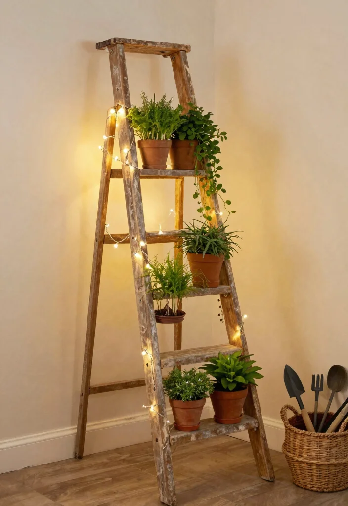 14 Vintage Plant Stand Ideas That Display More in Tight Corners - 5. Vintage Ladder Plant Display 1