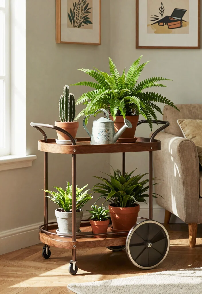 14 Vintage Plant Stand Ideas That Display More in Tight Corners - 6. Antique Teacart for Plant Display 1