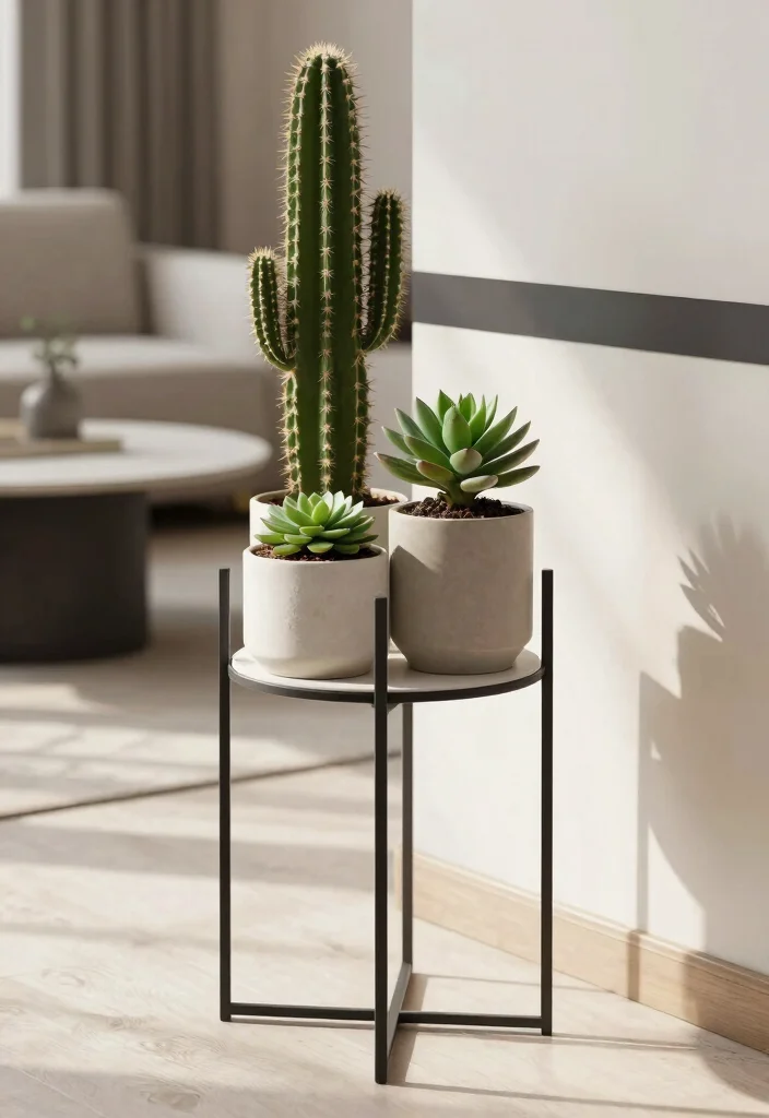 14 Vintage Plant Stand Ideas That Display More in Tight Corners - 7. Elegant Corner Plant Stand with Geometric Shapes 1