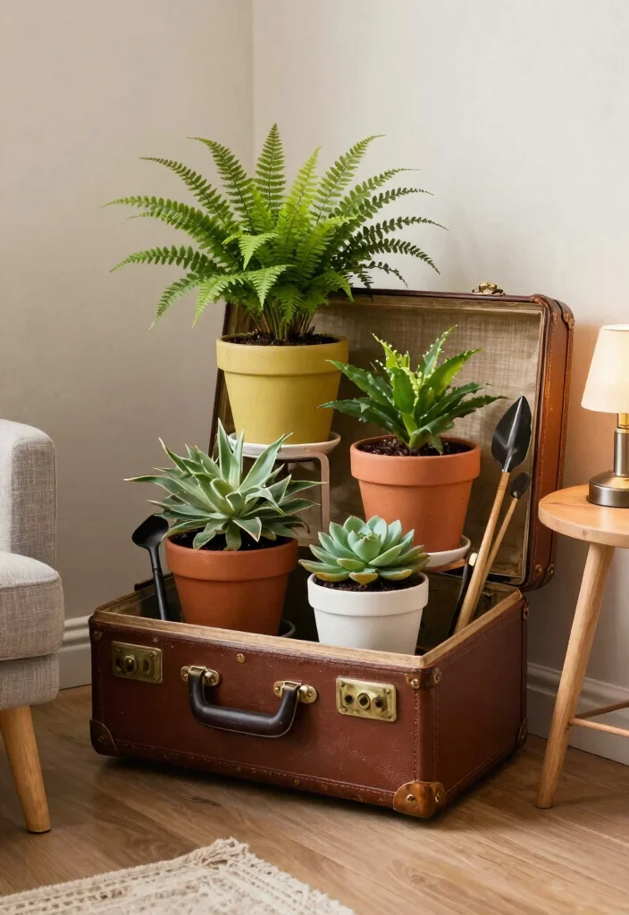 14 Vintage Plant Stand Ideas That Display More in Tight Corners - 8. Vintage Suitcase Plant Stand 1