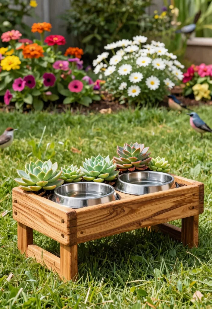 15 Dog Bowl Planter Ideas That Keep Food Off the Ground Outside - 1. Elevated Wooden Planter Bowls 1