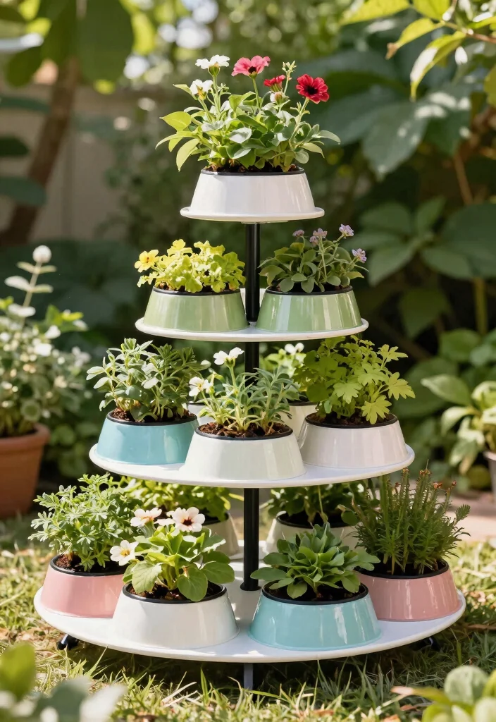 15 Dog Bowl Planter Ideas That Keep Food Off the Ground Outside - 13. Simple Tiered Plant Stand Bowls 1