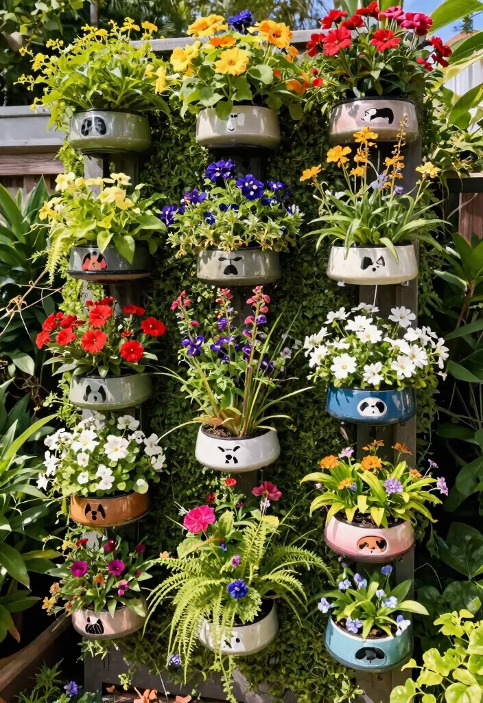 15 Dog Bowl Planter Ideas That Keep Food Off the Ground Outside - 15. Creative Vertical Dog Bowl Garden 1