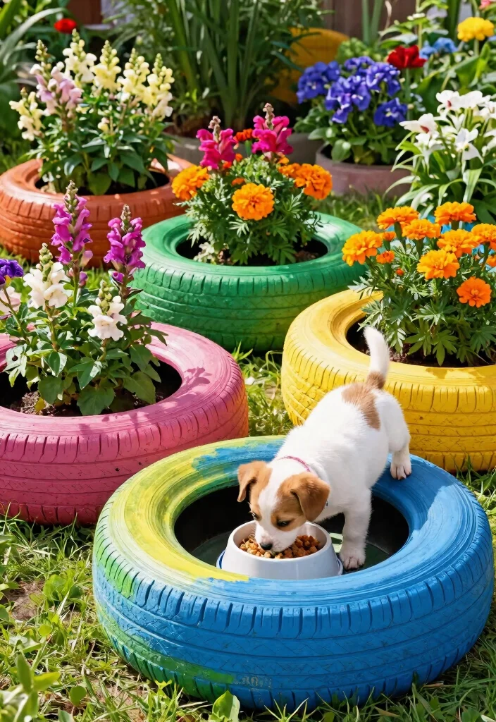 15 Dog Bowl Planter Ideas That Keep Food Off the Ground Outside - 6. Upcycled Tire Planters 1
