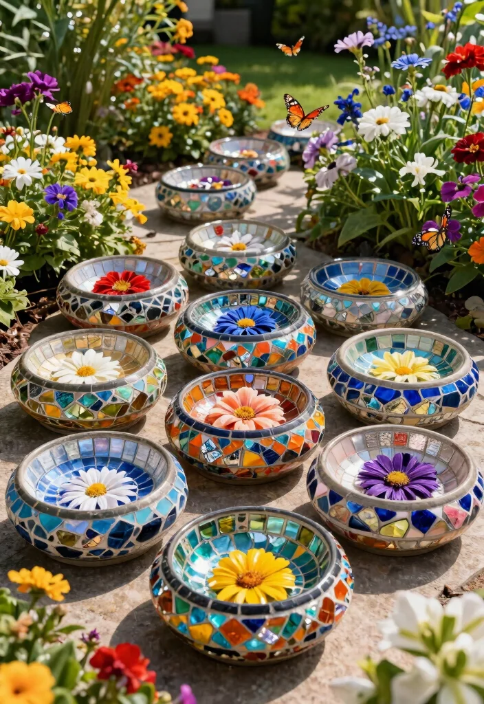 15 Dog Bowl Planter Ideas That Keep Food Off the Ground Outside - 7. Artistic Mosaic Dog Bowls 1