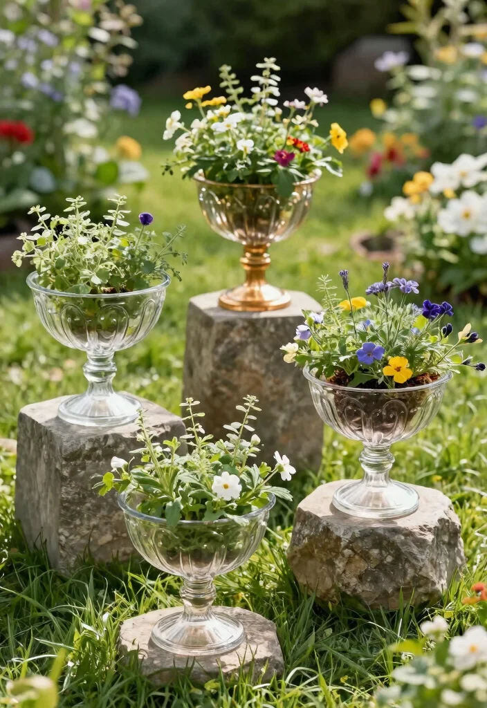 15 Dog Bowl Planter Ideas That Keep Food Off the Ground Outside - 8. Vintage Glass Dog Bowl Planters 1