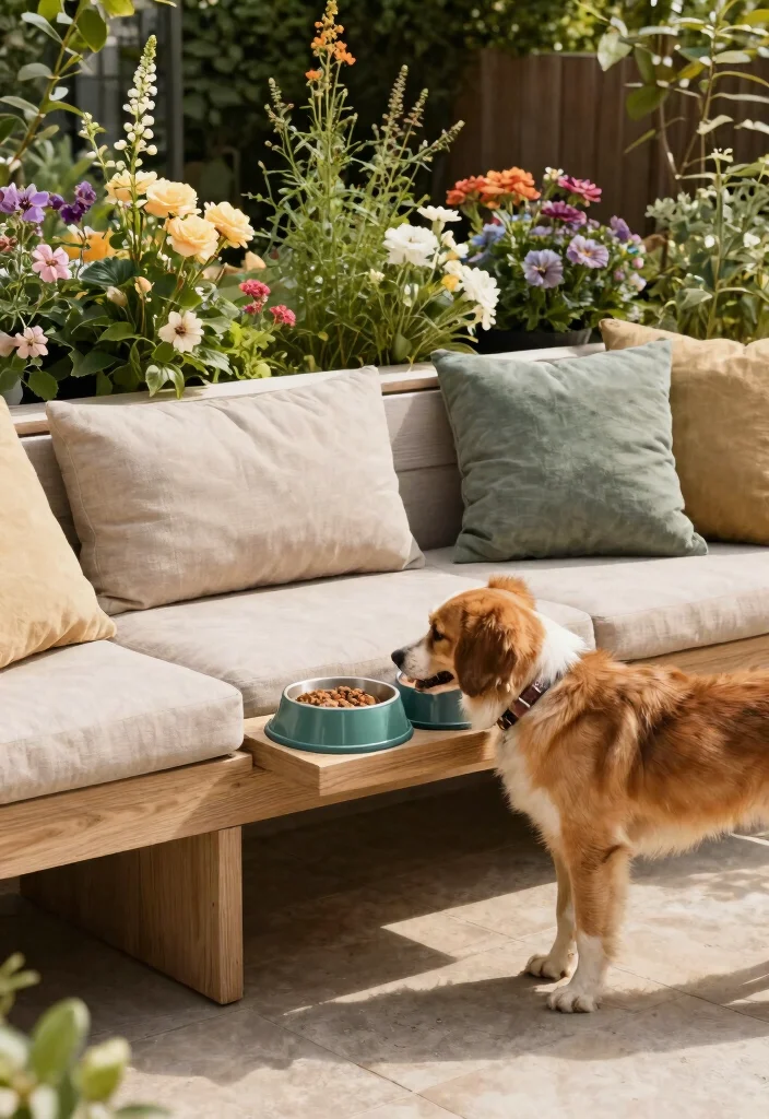 15 Dog Bowl Planter Ideas That Keep Food Off the Ground Outside - 9. Functional Garden Bench with Bowls 1