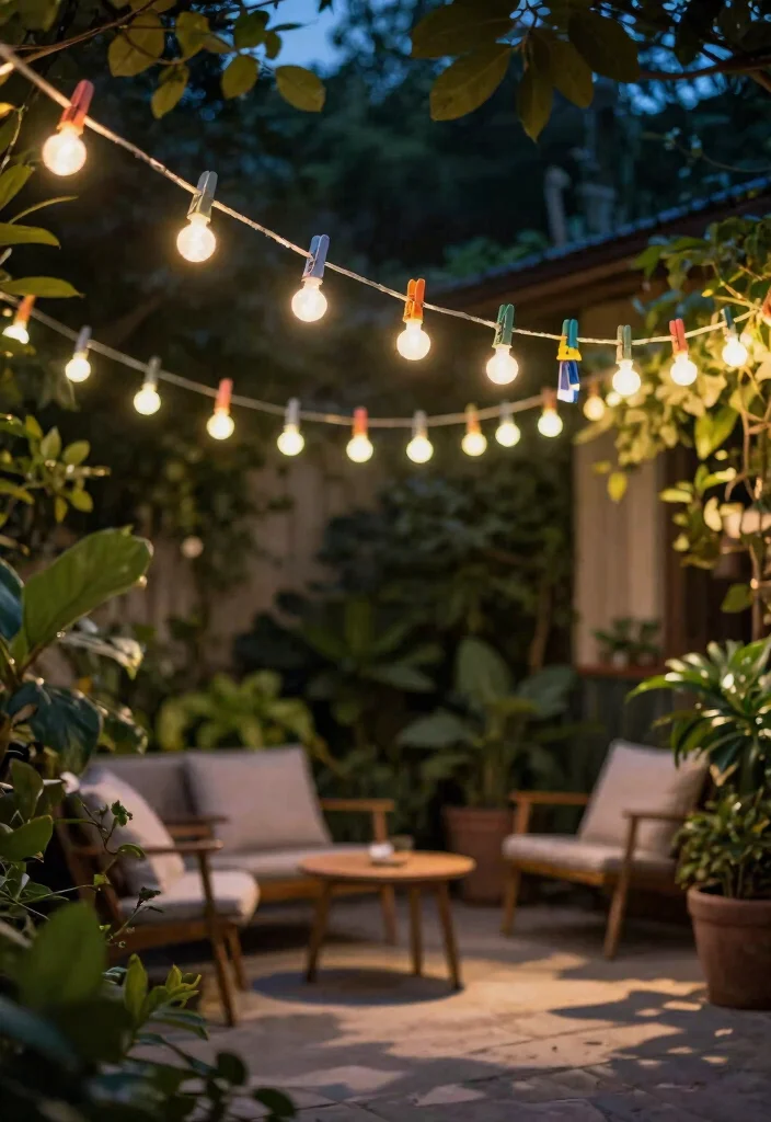 15 Festoon Lights Backyard Ideas That Hang Without Permanent Posts - 10. Use Clothespins for Easy Hang 1