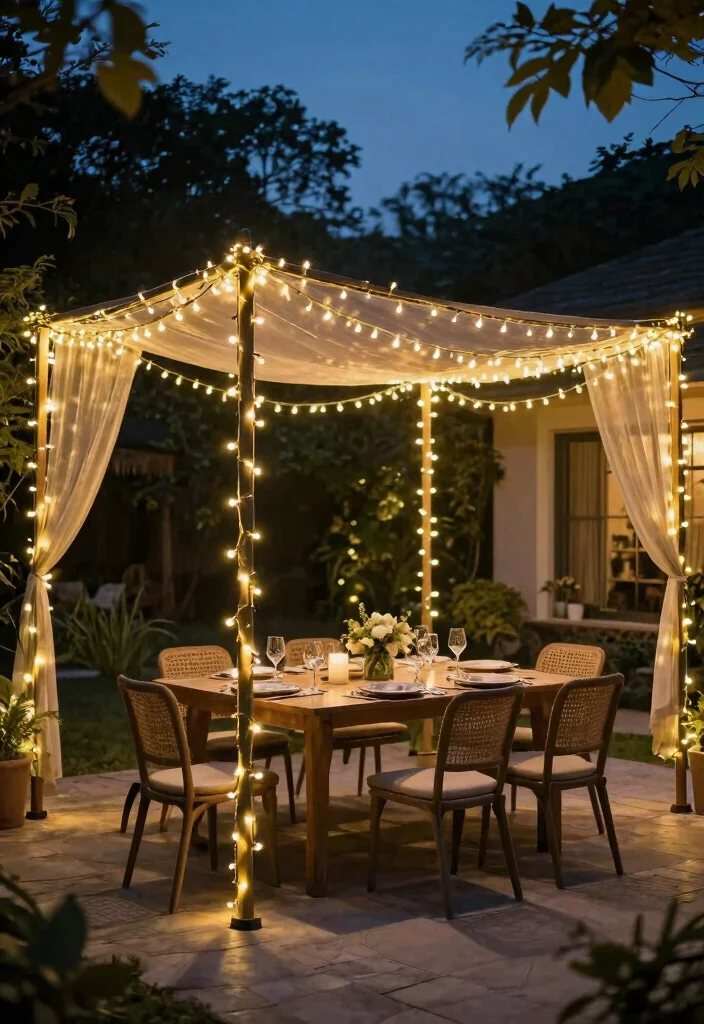 15 Festoon Lights Backyard Ideas That Hang Without Permanent Posts - 12. Use a Canopy Frame 1