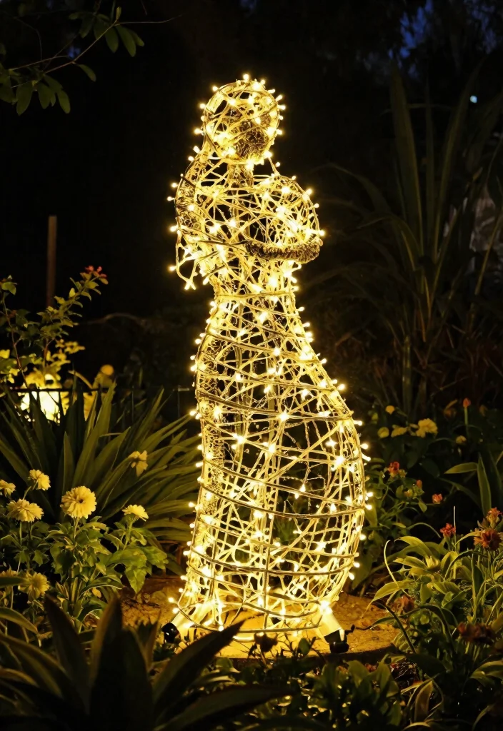 15 Festoon Lights Backyard Ideas That Hang Without Permanent Posts - 13. Incorporate into Outdoor Art Pieces 1