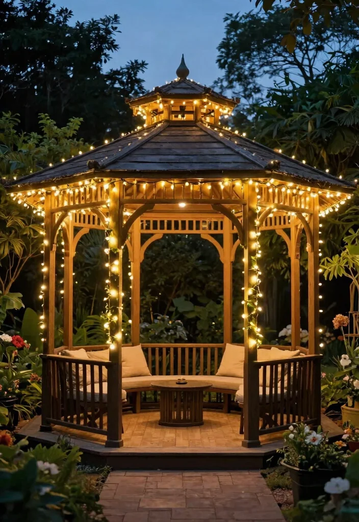 15 Festoon Lights Backyard Ideas That Hang Without Permanent Posts - 14. Wrap Around a Gazebo or Pergola 1