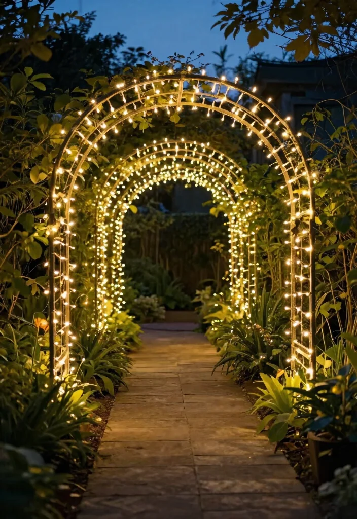 15 Festoon Lights Backyard Ideas That Hang Without Permanent Posts - 15. Create a Light Tunnel 1