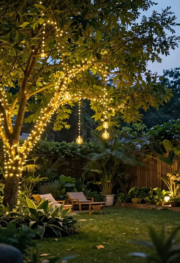 15 Festoon Lights Backyard Ideas That Hang Without Permanent Posts - 2. Hang Lights from Trees Using Rope 1