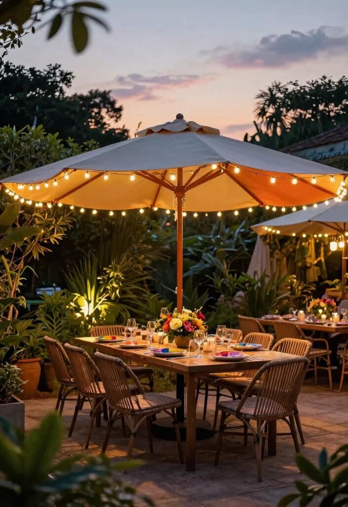 15 Festoon Lights Backyard Ideas That Hang Without Permanent Posts - 3. Use Portable Umbrellas as Lighting Structures 1