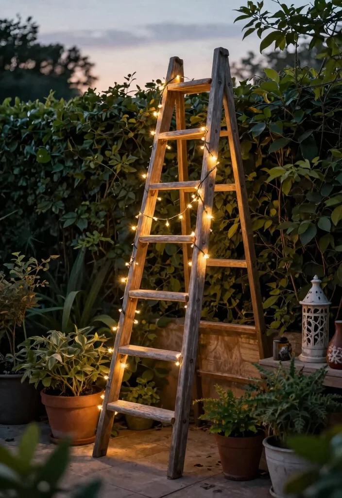 15 Festoon Lights Backyard Ideas That Hang Without Permanent Posts - 4. Repurpose Old Ladders for Unique Displays 1