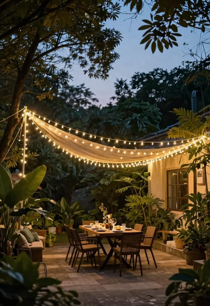 15 Festoon Lights Backyard Ideas That Hang Without Permanent Posts - 5. Create a Floating Canopy Effect 1