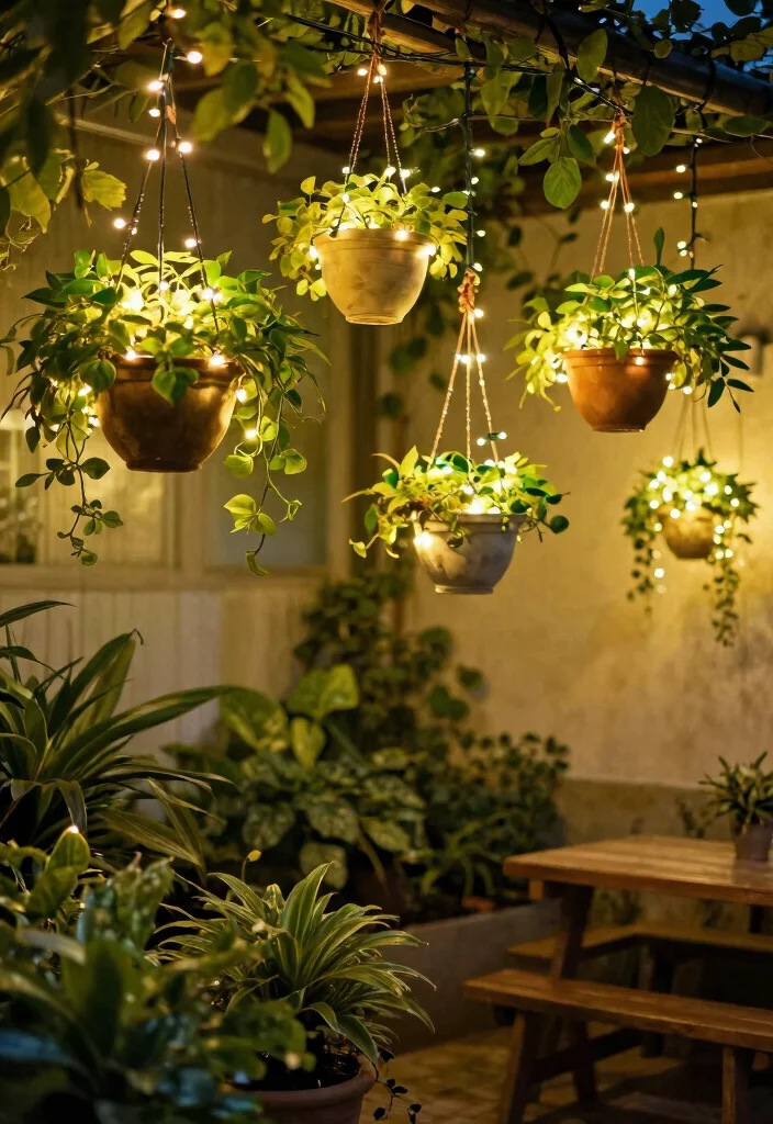 15 Festoon Lights Backyard Ideas That Hang Without Permanent Posts - 6. Hanging Planters with Lights 1