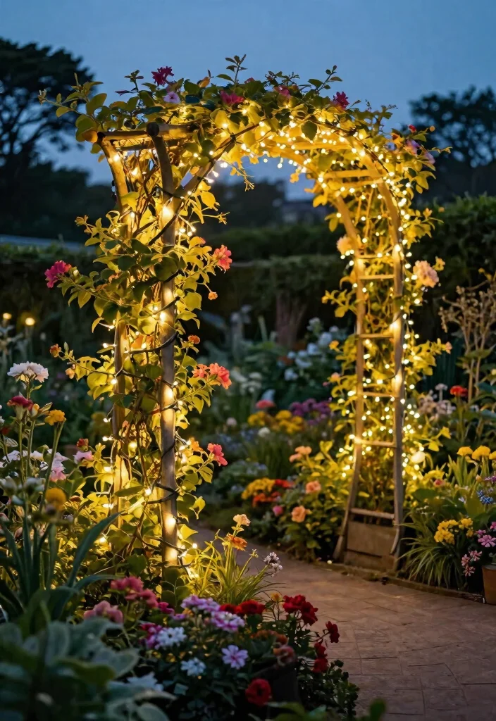 15 Festoon Lights Backyard Ideas That Hang Without Permanent Posts - 9. Garden Trellis Lighting 1