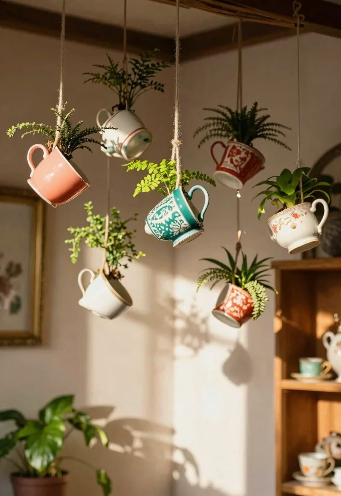 15 Hanging Ornaments From Ceiling Ideas That Don't Leave Holes - 10. Vintage Teacups as Hanging Planters 1