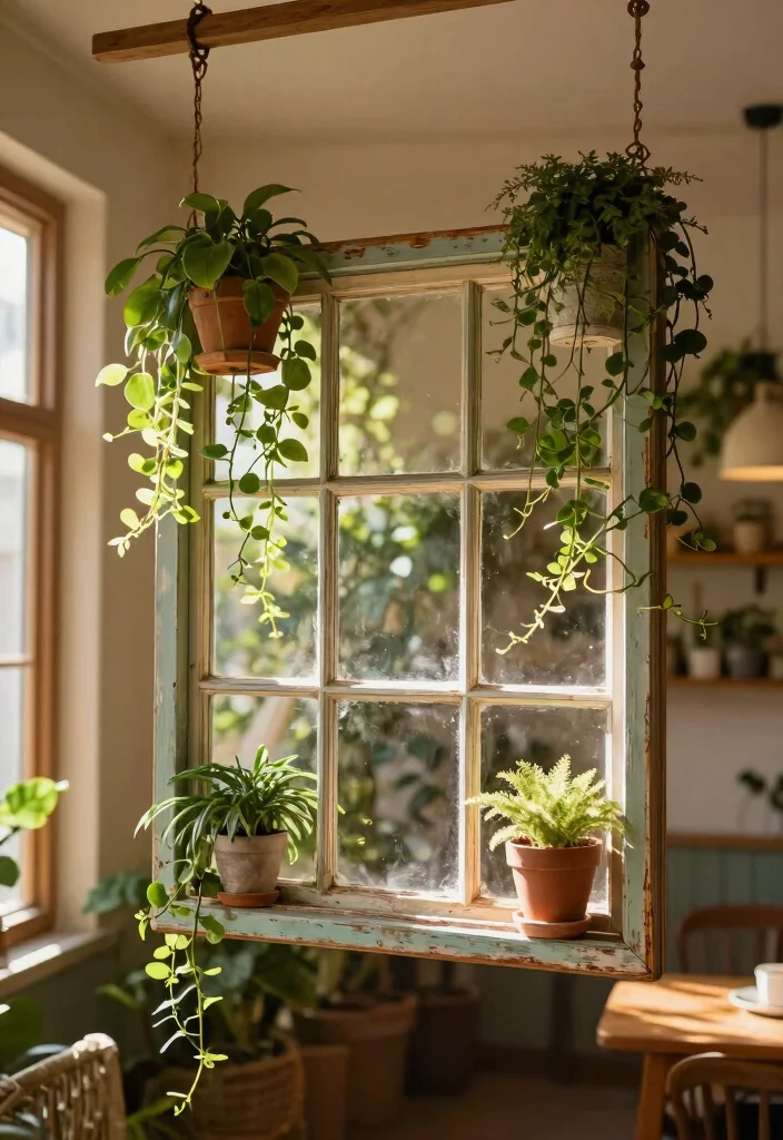 15 Hanging Ornaments From Ceiling Ideas That Don't Leave Holes - 15. Vintage Window Frames with Plants 1