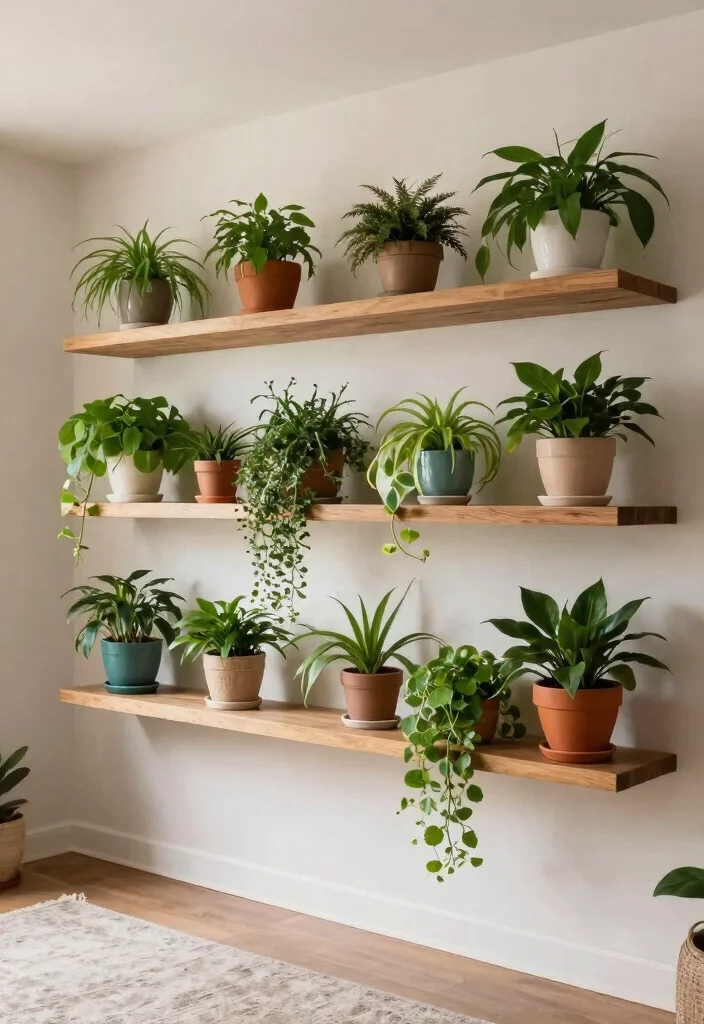 15 Hanging Ornaments From Ceiling Ideas That Don't Leave Holes - 2. Floating Shelves with Hanging Pots 1