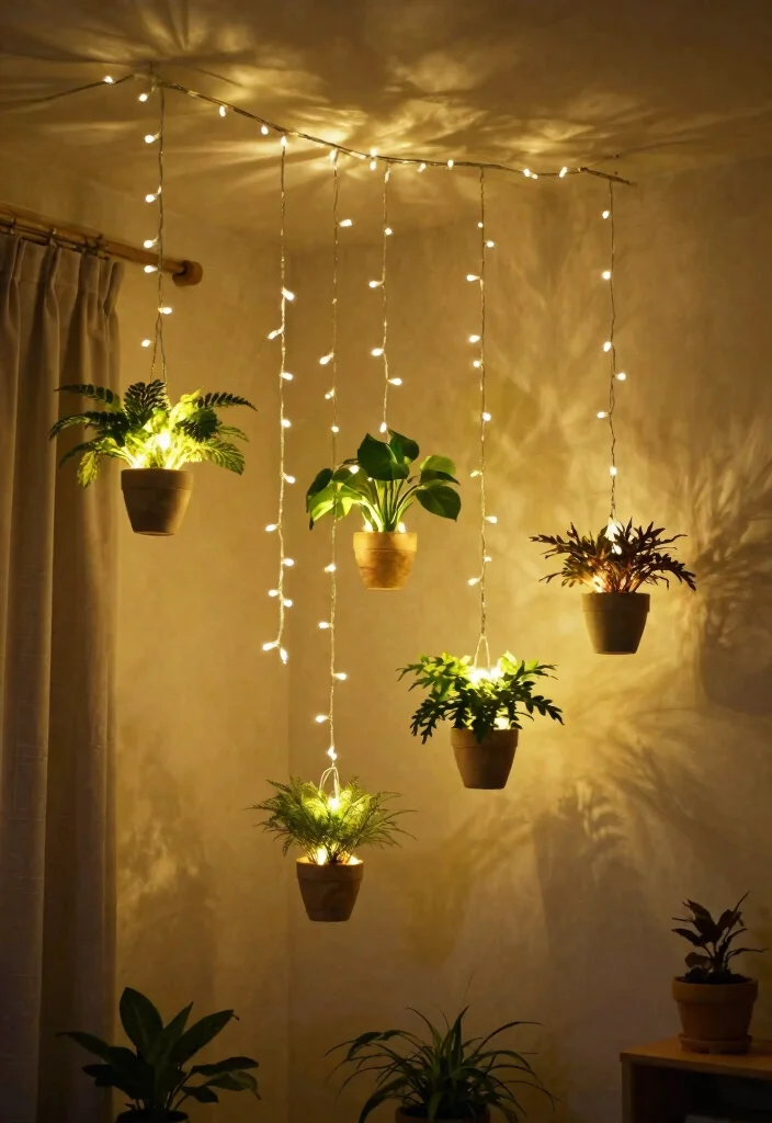 15 Hanging Ornaments From Ceiling Ideas That Don't Leave Holes - 7. Hanging String Lights with Planters 1