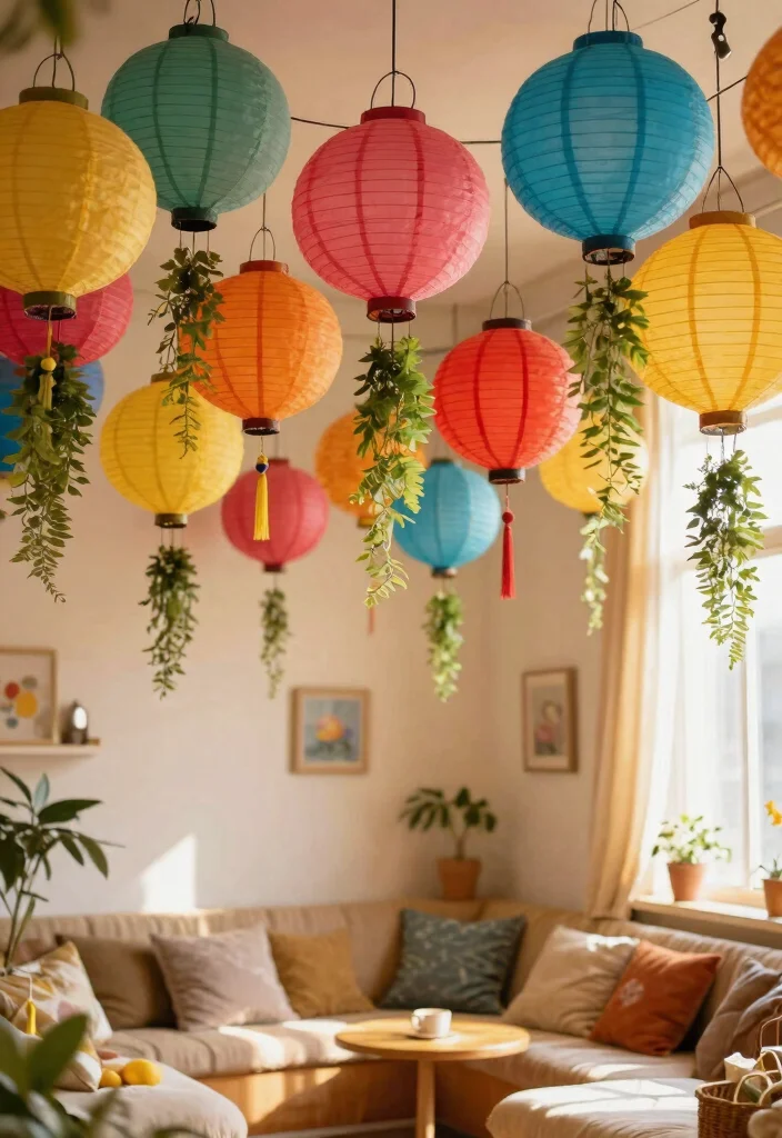 15 Hanging Ornaments From Ceiling Ideas That Don't Leave Holes - 9. Colorful Paper Lanterns with Greenery 1