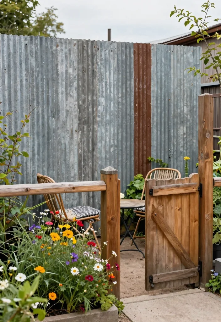 15 Metal Panel Fence Ideas That Go Up Fast and Last for Years - 2. Rustic Charm with Corrugated Metal 1