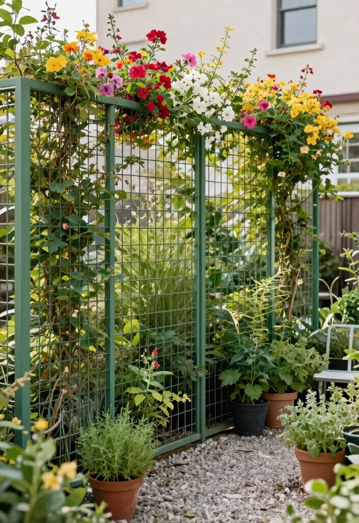15 Metal Panel Fence Ideas That Go Up Fast and Last for Years - 3. Vertical Garden with Metal Grids 1
